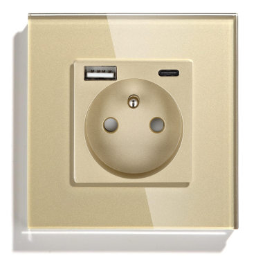 Gniazdo elektryczne pojedyncze z ładowarką USB A+C Złote z ramką szklaną