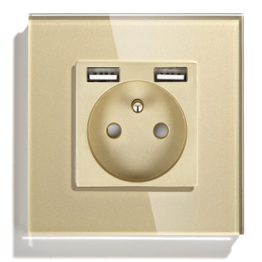 Gniazdo elektryczne pojedyncze z ładowarką USB A+A Złote z ramką szklaną