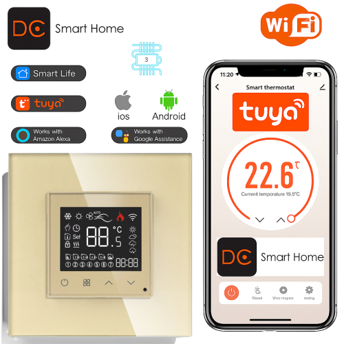 Termostat Ogrzewania Podłogowego WiFi 16A w Szklanej Ramce Złoty