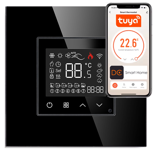 Termostat Ogrzewania Podłogowego ZigBee 16A w Szklanej Ramce Czarny