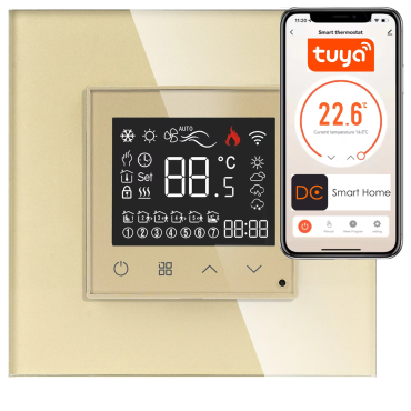 Termostat Ogrzewania Podłogowego ZigBee 16A w Szklanej Ramce Złoty