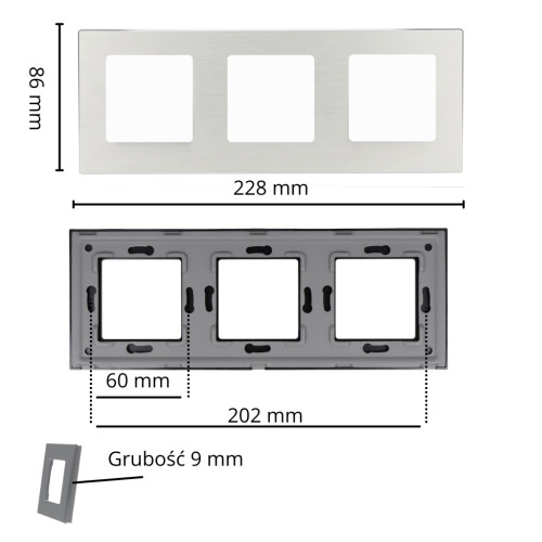Ramka Aluminiowa Szczotkowana Potrójna 3F Srebrna DC Smart Home