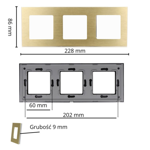 Ramka Aluminiowa Szczotkowana Potrójna 3F Złota DC Smart Home