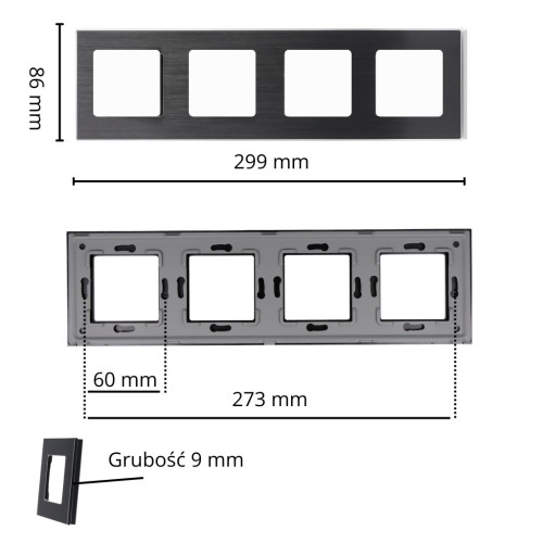 Ramka Aluminiowa Szczotkowana Poczwórna 4F Czarna DC Smart Home