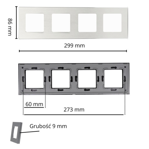 Ramka Aluminiowa Szczotkowana Poczwórna 4F Srebrna DC Smart Home