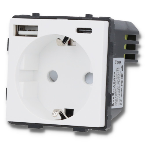 Moduł gniazda elektrycznego Schuko (bez bolca) z ładowarką USB A+C 20W 230V pojedynczy biały
