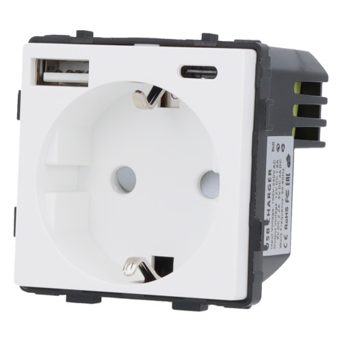 Moduł gniazda elektrycznego Schuko (bez bolca) z ładowarką USB A+C 20W 230V pojedynczy biały