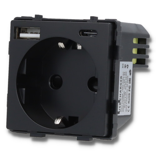 Moduł gniazda elektrycznego Schuko (bez bolca) z ładowarką USB A+C 20W 230V pojedynczy czarny
