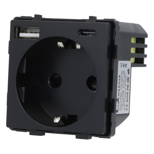 Moduł gniazda elektrycznego Schuko (bez bolca) z ładowarką USB A+C 20W 230V pojedynczy czarny