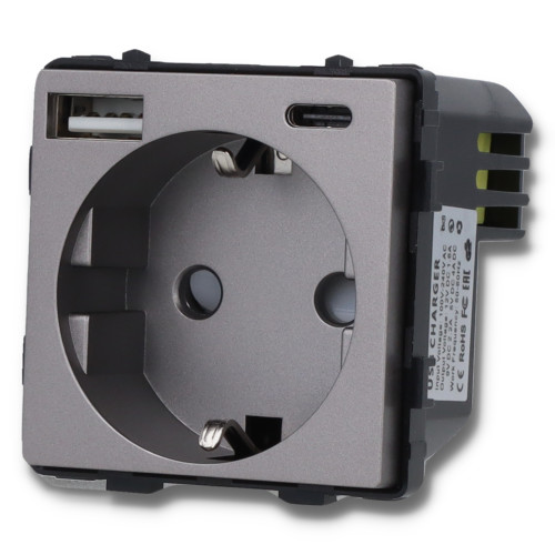 Moduł gniazda elektrycznego Schuko (bez bolca) z ładowarką USB A+C 20W 230V pojedynczy szary