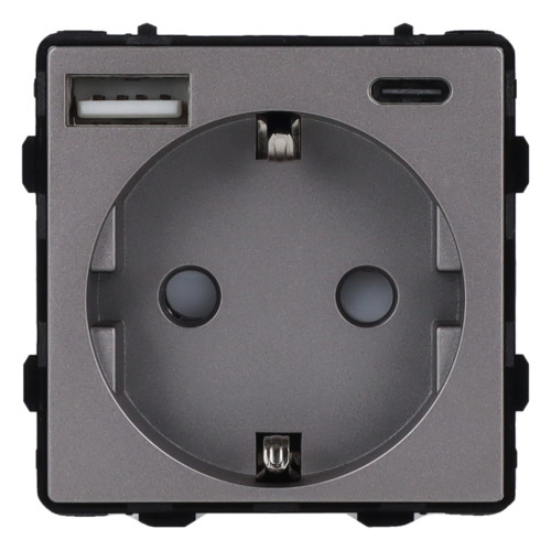 Moduł gniazda elektrycznego Schuko (bez bolca) z ładowarką USB A+C 20W 230V pojedynczy szary