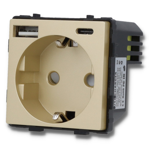 Moduł gniazda elektrycznego Schuko (bez bolca) z ładowarką USB A+C 20W 230V pojedynczy złoty