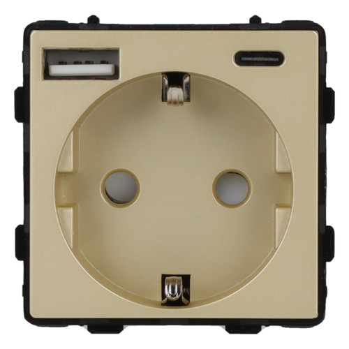 Moduł gniazda elektrycznego Schuko (bez bolca) z ładowarką USB A+C 20W 230V pojedynczy złoty