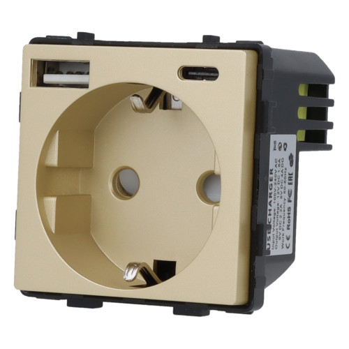 Moduł gniazda elektrycznego Schuko (bez bolca) z ładowarką USB A+C 20W 230V pojedynczy złoty