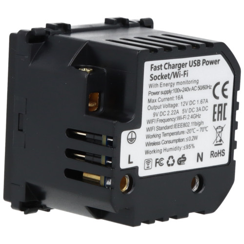 Moduł gniazda elektrycznego z bolcem 230V z pomiarem energii WiFi + USB A+C 20W czarny