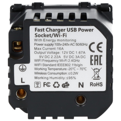 Moduł gniazda elektrycznego z bolcem 230V z pomiarem energii WiFi + USB A+C 20W czarny