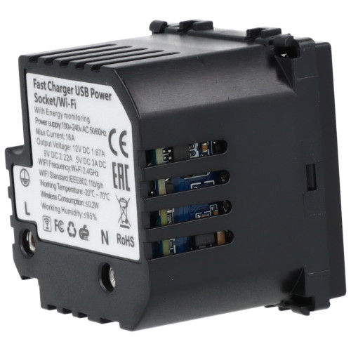 Moduł gniazda elektrycznego z bolcem 230V z pomiarem energii WiFi + USB A+C 20W czarny