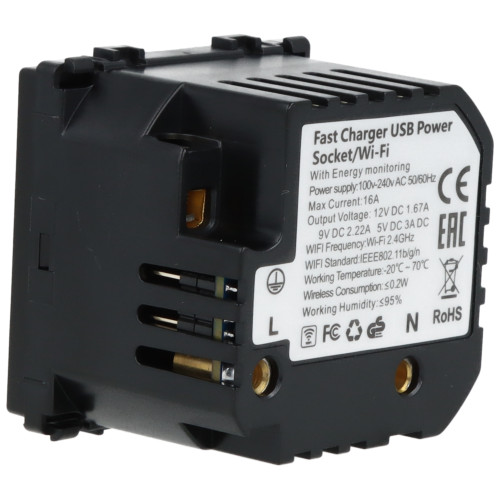 Moduł gniazda elektrycznego Schuko (bez bolca) 230V z pomiarem energii WiFi + USB A+C 20W czarny