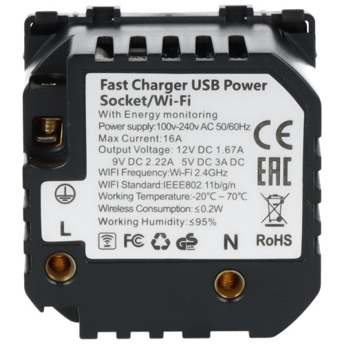 Moduł gniazda elektrycznego Schuko (bez bolca) 230V z pomiarem energii WiFi + USB A+C 20W czarny