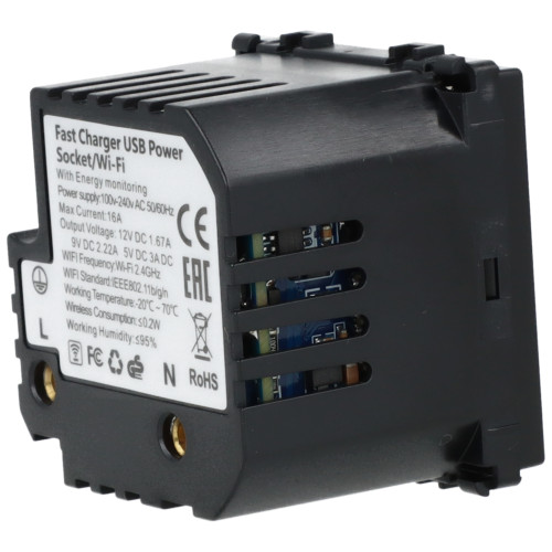Moduł gniazda elektrycznego Schuko (bez bolca) 230V z pomiarem energii WiFi + USB A+C 20W czarny