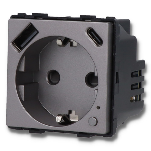 Moduł gniazda elektrycznego Schuko (bez bolca) 230V z pomiarem energii WiFi + USB A+C 20W szary
