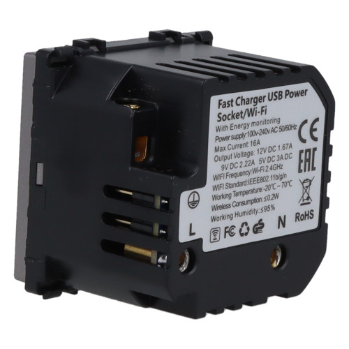 Moduł gniazda elektrycznego Schuko (bez bolca) 230V z pomiarem energii WiFi + USB A+C 20W szary