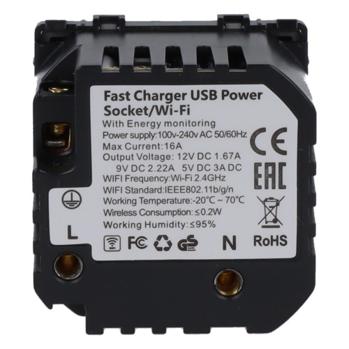 Moduł gniazda elektrycznego Schuko (bez bolca) 230V z pomiarem energii WiFi + USB A+C 20W szary