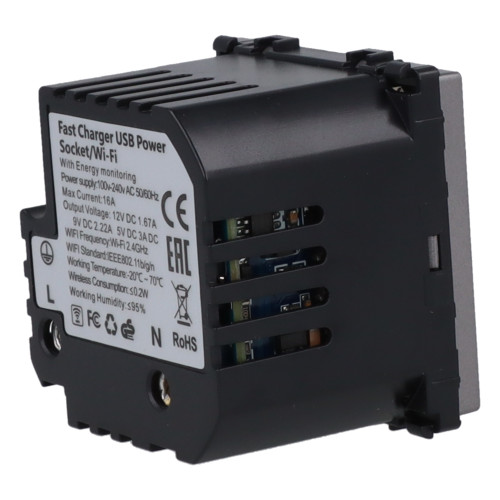 Moduł gniazda elektrycznego Schuko (bez bolca) 230V z pomiarem energii WiFi + USB A+C 20W szary