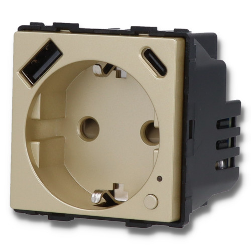 Moduł gniazda elektrycznego Schuko (bez bolca) 230V z pomiarem energii WiFi + USB A+C 20W złoty