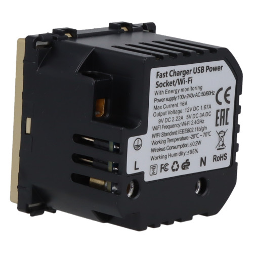 Moduł gniazda elektrycznego Schuko (bez bolca) 230V z pomiarem energii WiFi + USB A+C 20W złoty