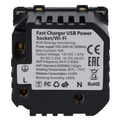 Moduł gniazda elektrycznego Schuko (bez bolca) 230V z pomiarem energii WiFi + USB A+C 20W złoty
