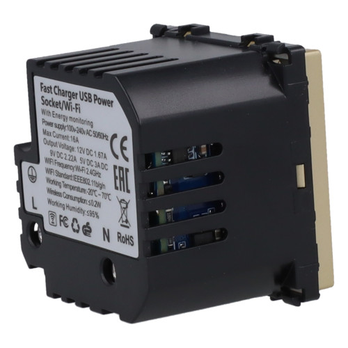 Moduł gniazda elektrycznego Schuko (bez bolca) 230V z pomiarem energii WiFi + USB A+C 20W złoty