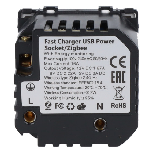 Moduł gniazda elektrycznego z bolcem 230V z pomiarem energii ZigBee + USB C+C 20W biały