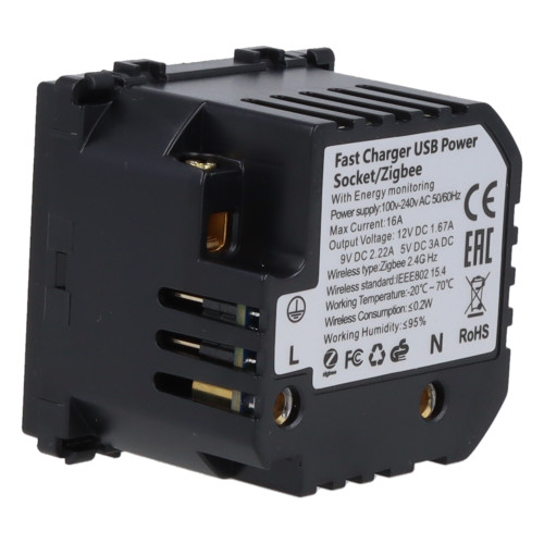 Moduł gniazda elektrycznego z bolcem 230V z pomiarem energii ZigBee + USB C+C 20W czarny