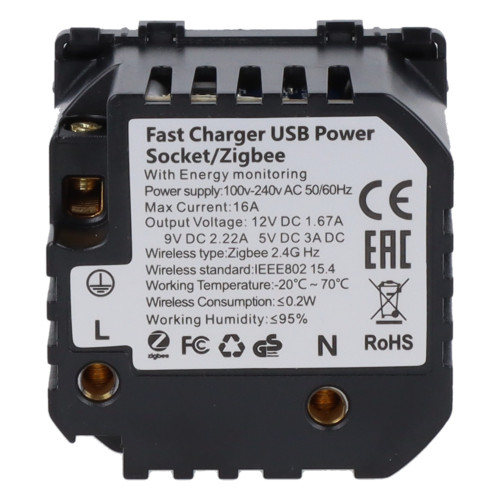 Moduł gniazda elektrycznego z bolcem 230V z pomiarem energii ZigBee + USB C+C 20W czarny