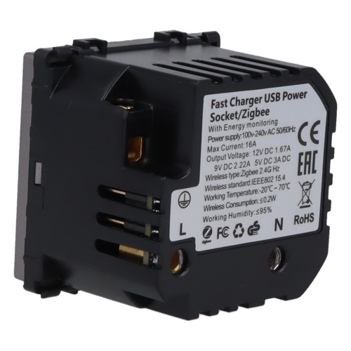 Moduł gniazda elektrycznego z bolcem 230V z pomiarem energii ZigBee + USB C+C 20W szary