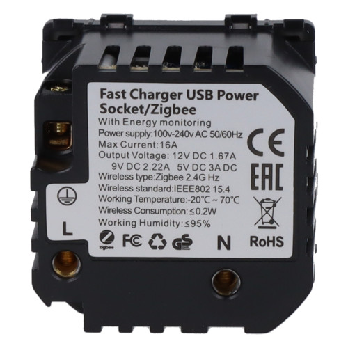 Moduł gniazda elektrycznego z bolcem 230V z pomiarem energii ZigBee + USB C+C 20W szary