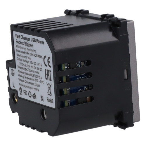 Moduł gniazda elektrycznego z bolcem 230V z pomiarem energii ZigBee + USB C+C 20W szary