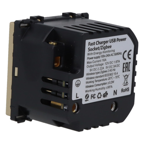 Moduł gniazda elektrycznego z bolcem 230V z pomiarem energii ZigBee + USB C+C 20W złoty