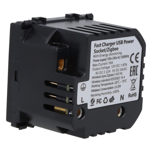 Moduł gniazda elektrycznego Schuko (bez bolca) 230V z pomiarem energii ZigBee + USB C+C 20W czarny