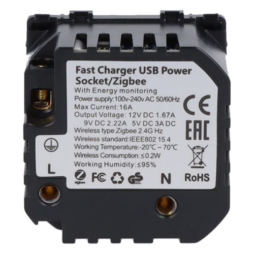 Moduł gniazda elektrycznego Schuko (bez bolca) 230V z pomiarem energii ZigBee + USB C+C 20W czarny