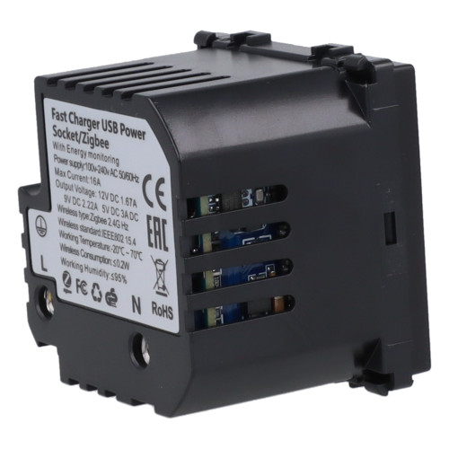 Moduł gniazda elektrycznego Schuko (bez bolca) 230V z pomiarem energii ZigBee + USB C+C 20W czarny