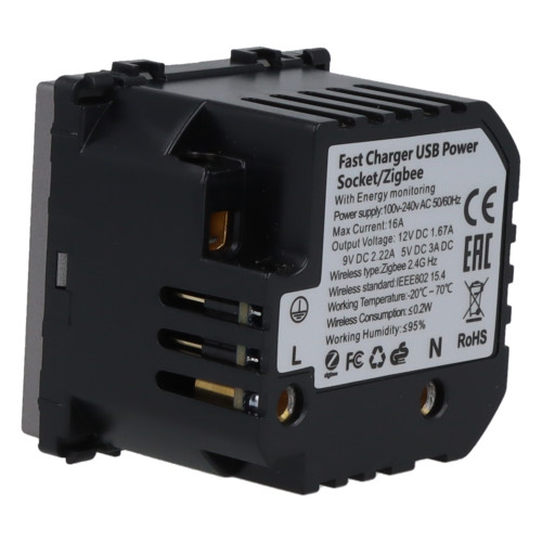Moduł gniazda elektrycznego Schuko (bez bolca) 230V z pomiarem energii ZigBee + USB C+C 20W szary