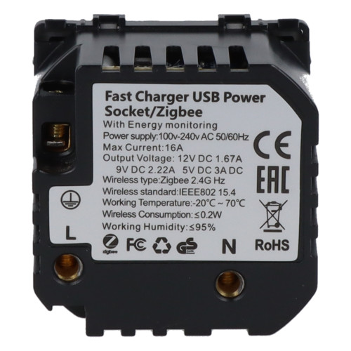 Moduł gniazda elektrycznego Schuko (bez bolca) 230V z pomiarem energii ZigBee + USB C+C 20W szary