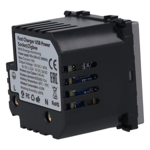 Moduł gniazda elektrycznego Schuko (bez bolca) 230V z pomiarem energii ZigBee + USB C+C 20W szary