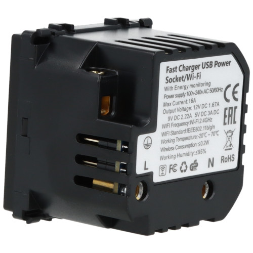 Moduł gniazda elektrycznego z bolcem 230V z pomiarem energii WiFi + USB C+C 20W czarny