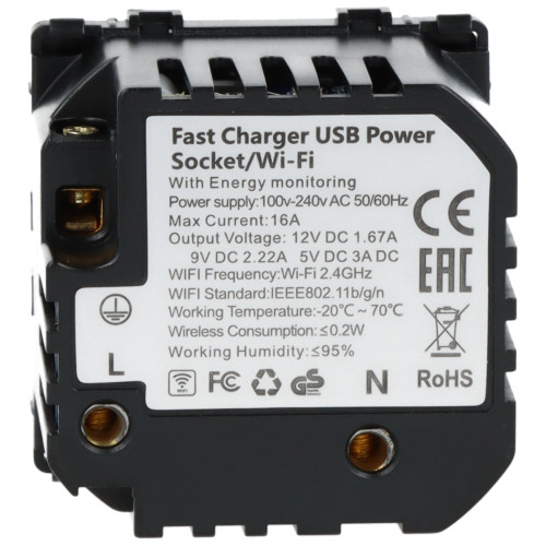 Moduł gniazda elektrycznego z bolcem 230V z pomiarem energii WiFi + USB C+C 20W czarny