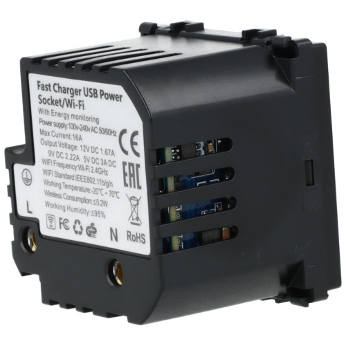 Moduł gniazda elektrycznego z bolcem 230V z pomiarem energii WiFi + USB C+C 20W czarny