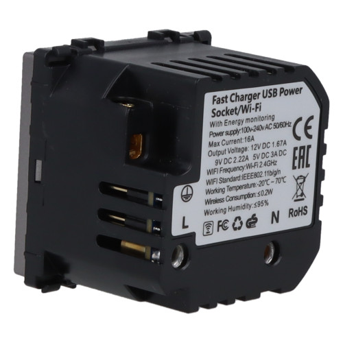 Moduł gniazda elektrycznego z bolcem 230V z pomiarem energii WiFi + USB C+C 20W szary
