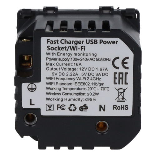 Moduł gniazda elektrycznego z bolcem 230V z pomiarem energii WiFi + USB C+C 20W szary